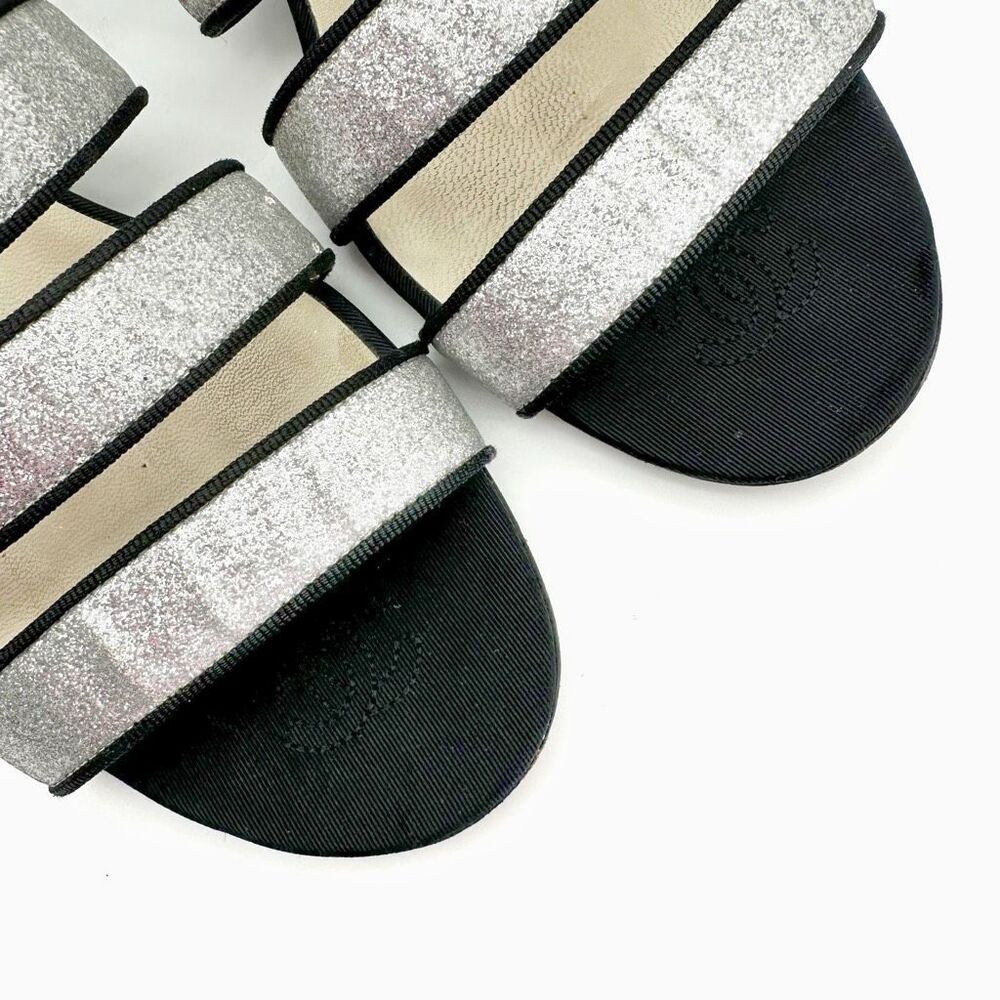 CHANEL 2018 Silver Glitter Black Leather Slide Heels Size 39.5 Strappy Mules - Picture 7 of 12